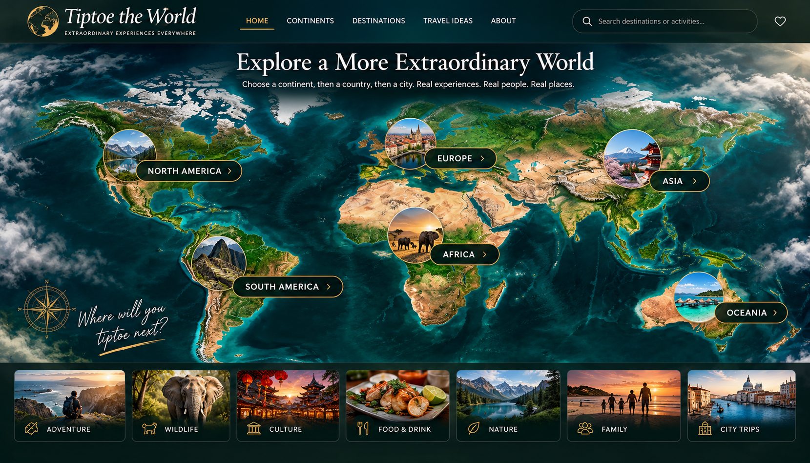Cinematic world map with destination photography and continents